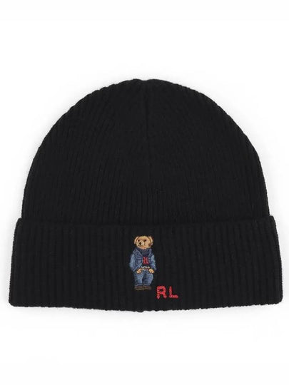 Embroidered Denim Bear Wool Beanie Black - POLO RALPH LAUREN - BALAAN 2