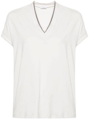 Monilli V-Neck Short Sleeve T-Shirt White - BRUNELLO CUCINELLI - BALAAN 1