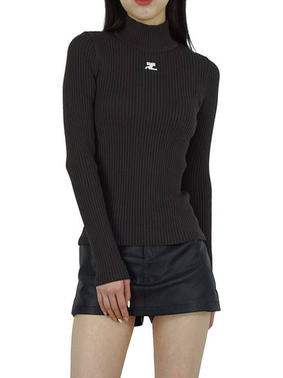 Embroidered Logo Mock Neck Rib Turtleneck Brown - COURREGES - BALAAN 2