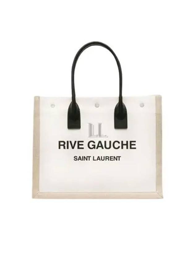 Rive Gauche Logo Linen Leather Small Tote Bag Beige - SAINT LAURENT - BALAAN 2