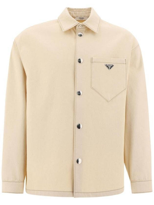 Triangle Logo Denim Long Sleeve Shirt Beige - PRADA - BALAAN.