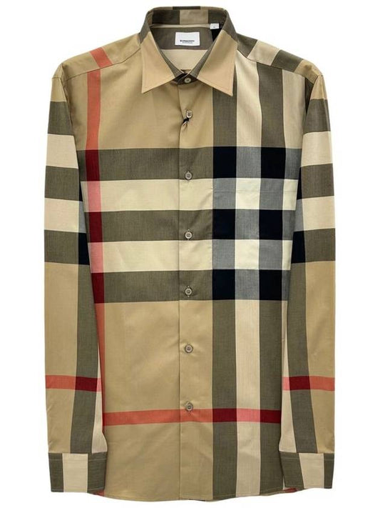 Check Stretch Cotton Poplin Long Sleeve Shirt Beige - BURBERRY - BALAAN 2