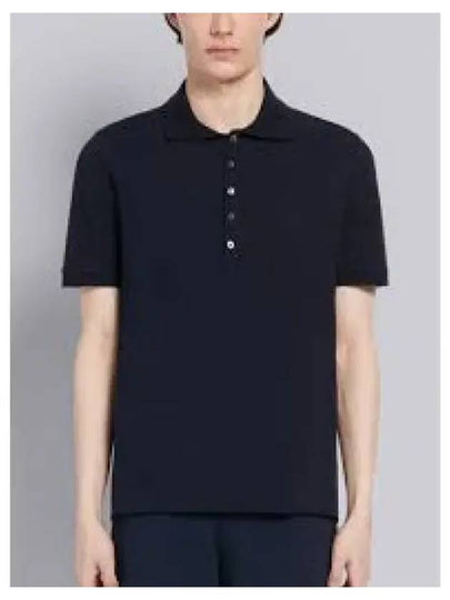 RWB Button Ribbed Polo Wool Knit Top Navy - THOM BROWNE - BALAAN 2