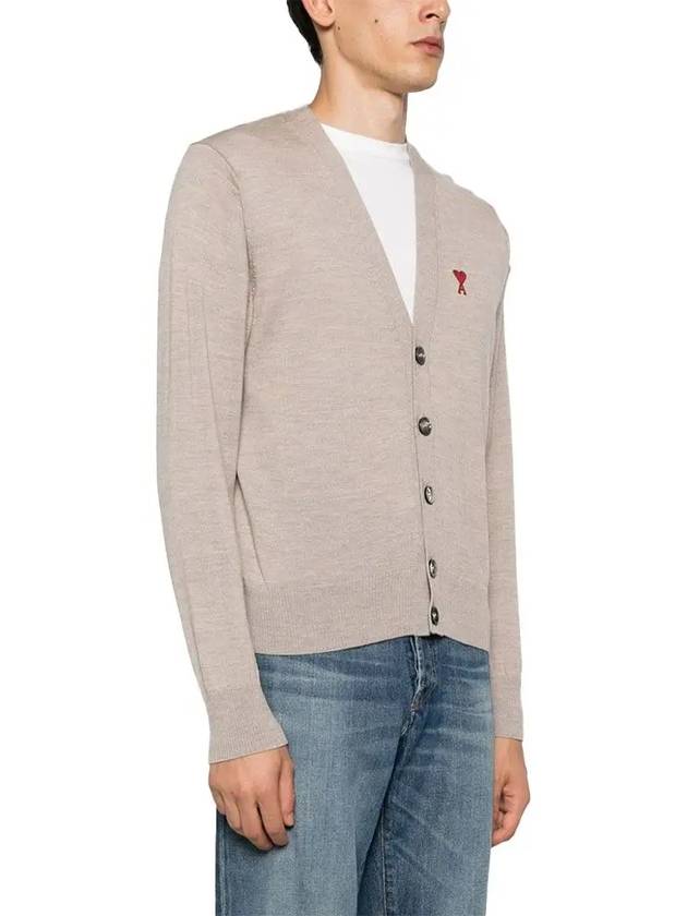 Red Heart Logo Merino Wool Cardigan Beige - AMI - BALAAN 4