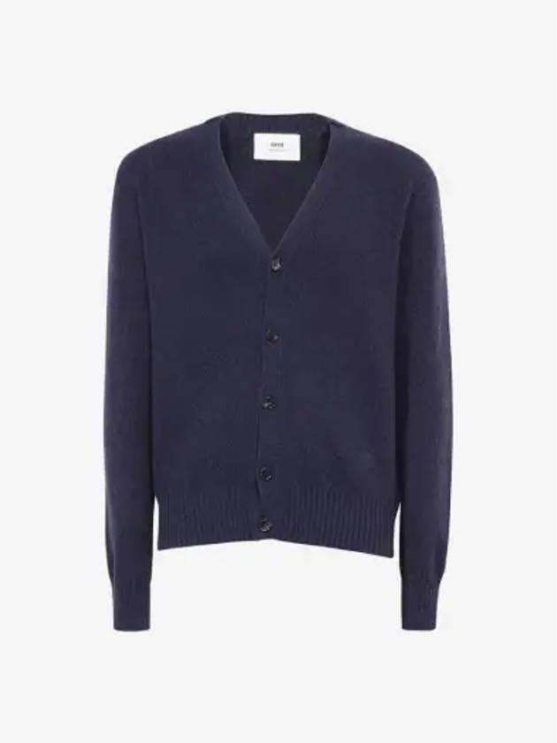 Heart Logo V Neck Cashmere Cardigan Navy - AMI - BALAAN 2