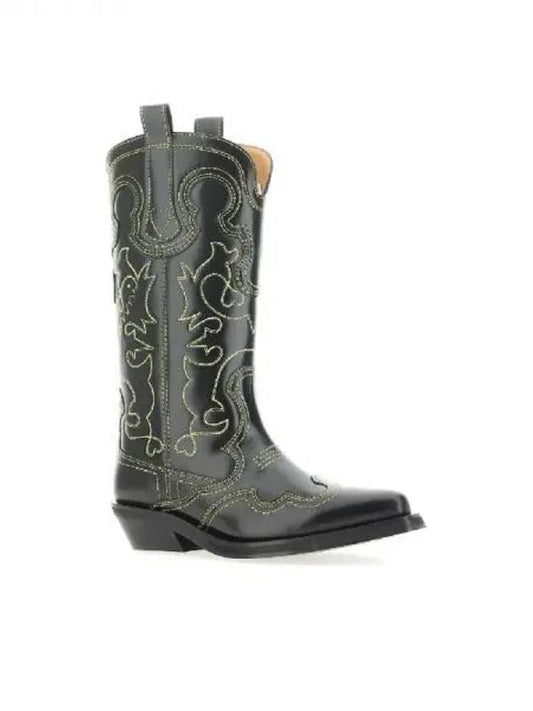 Embroidered Western Leather Middle Boots Black - GANNI - BALAAN 2