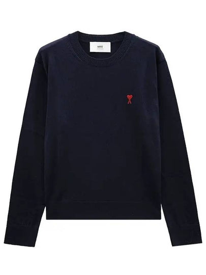 Heart Embroidered Logo Crew Neck Knit Top Navy - AMI - BALAAN 2