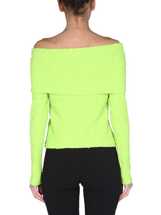 Women's Embossed Fabric Boat Neck Off Shoulder Long Sleeve T-Shirt Green - MSGM - BALAAN 4