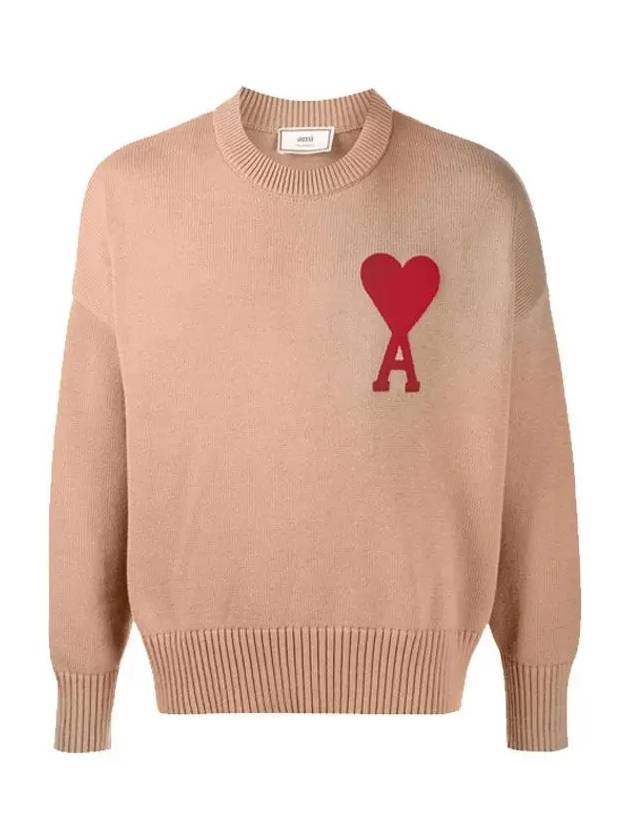 Men's Big Heart Embroidered Logo Knit Top Beige - AMI - BALAAN 3