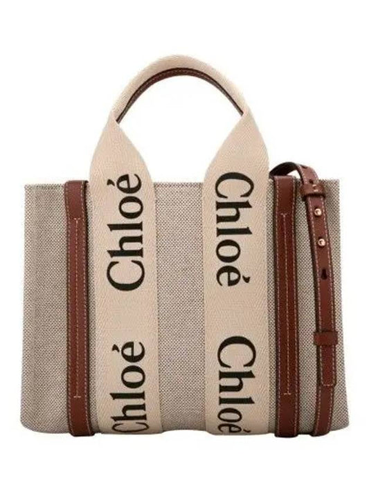 Woody Small Canvas Tote Bag White Brown Beige - CHLOE - BALAAN 2