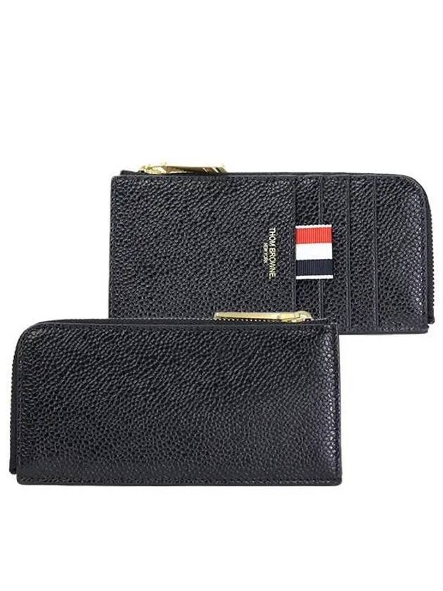 Stripe Zip Around Pebble Grain Leather Card Wallet Black - THOM BROWNE - BALAAN 2