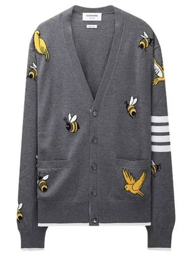 Cardigan diagonal stripe bird and bee intarsia merino wool - THOM BROWNE - BALAAN 1