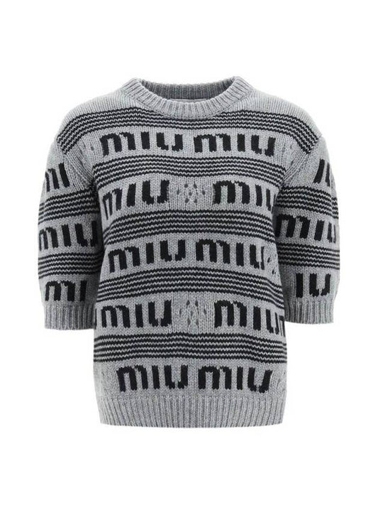 logo jacquard cashmere knit top gray - MIU MIU - BALAAN.