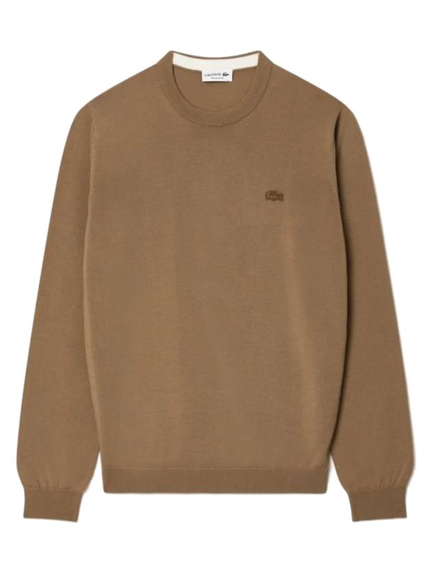 Men's Merino Wool Crew Neck Sweater Light Brown - LACOSTE - BALAAN 1