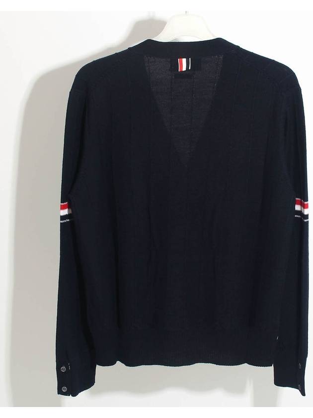 RWB V-neck Striped Virgin Wool Cardigan Navy - THOM BROWNE - BALAAN 3