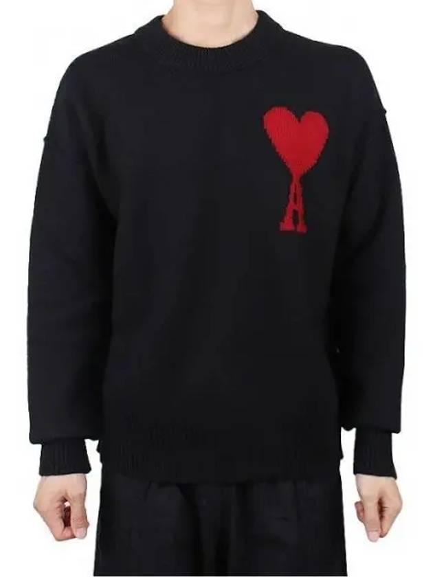 Intarsia Big Heart Logo Wool Knit Top Black - AMI - BALAAN 2