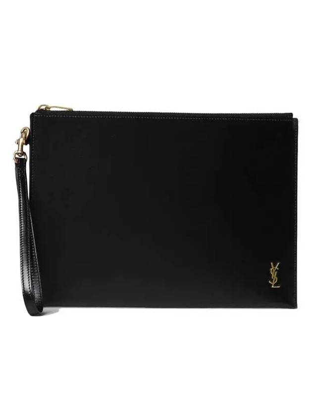 Tiny Cassandre Shiny Leather Zip Tablet Clutch Bag Black - SAINT LAURENT - BALAAN 2