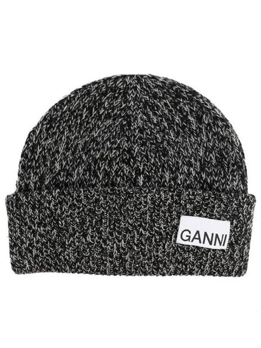 logo patch ribbed knit beanie black - GANNI - BALAAN 2