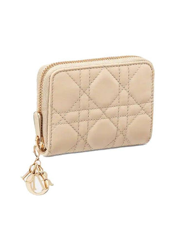 Lady Voyageur Cannage Lambskin Small Coin Wallet Sand - DIOR - BALAAN 1