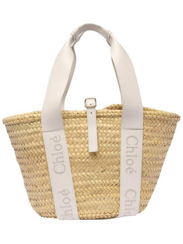 Sense Medium Raffia Basket Tote Bag Beige White - CHLOE - BALAAN 1