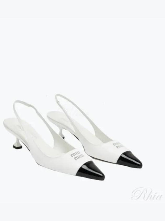 Logo Patent Leather Slingback Heels White Black - MIU MIU - BALAAN 2