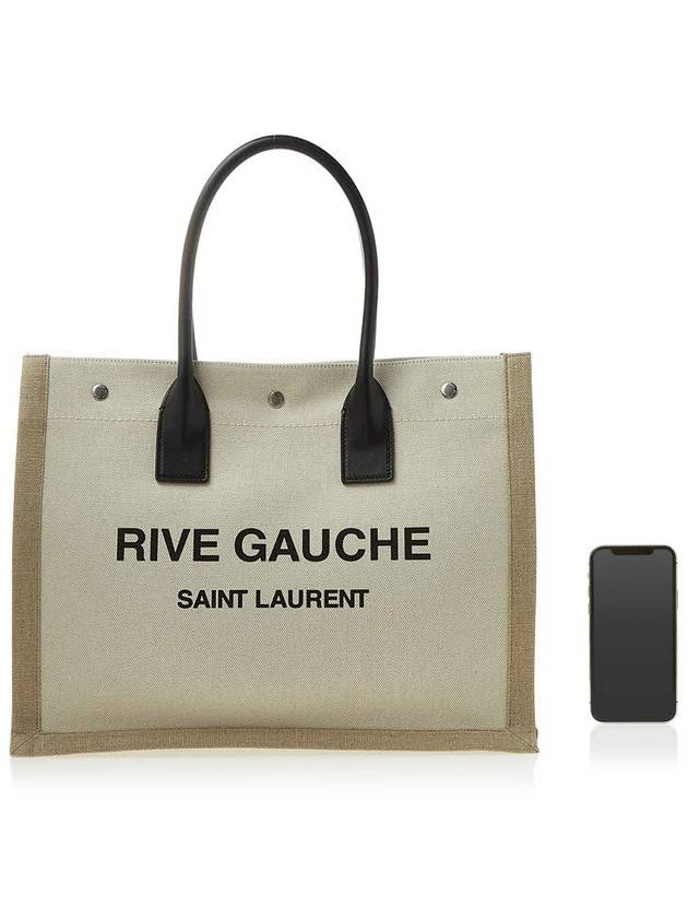 Rive Gauche Logo Linen Small Tote Bag Black Natural - SAINT LAURENT - BALAAN 7