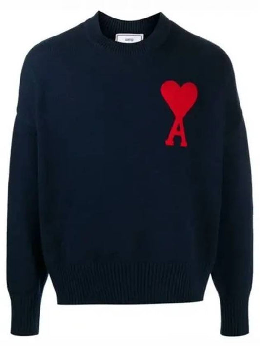 Men's Big Heart Embroidered Logo Knit Top Navy - AMI - BALAAN 2