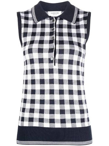 Gingham Silk Jacquard 4 Bar Polo Sleeveless Cardigan Navy - THOM BROWNE - BALAAN 1