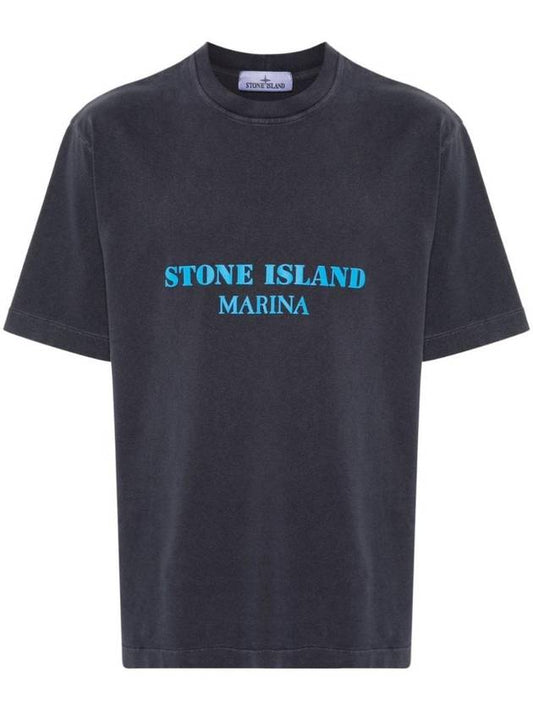 Logo Print Crew Neck Short Sleeve T-Shirt Blue - STONE ISLAND - BALAAN 1