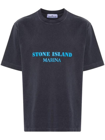 Logo Print Crew Neck Short Sleeve T-Shirt Blue - STONE ISLAND - BALAAN 1