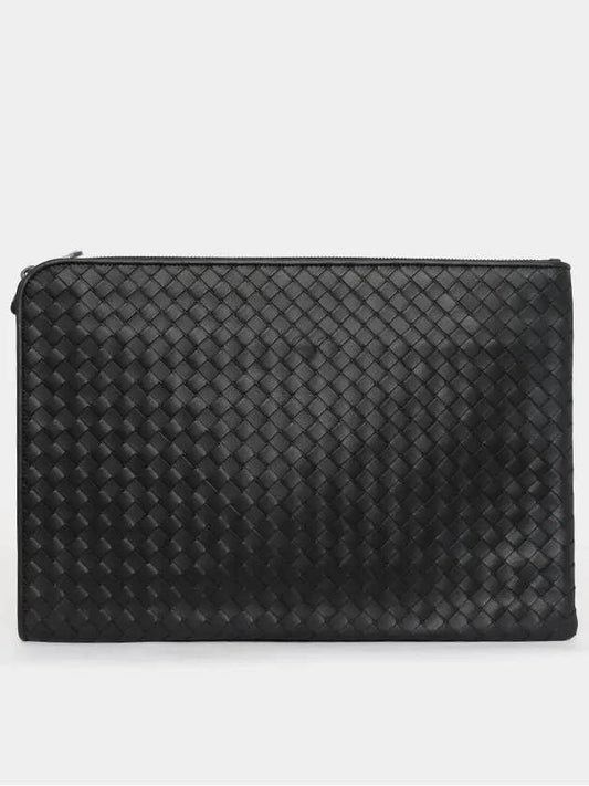 Intrecciato Weaving Zipper Medium Clutch Bag Black - BOTTEGA VENETA - BALAAN 2