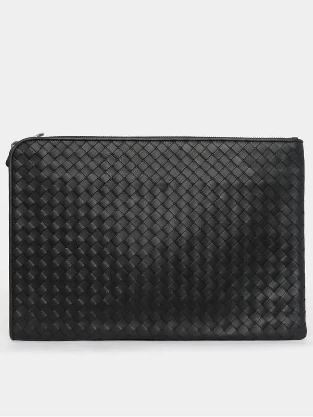 Intrecciato Weaving Zipper Medium Clutch Bag Black - BOTTEGA VENETA - BALAAN 3