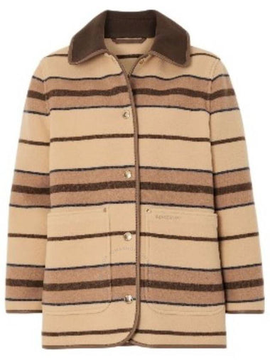 Burberry Colbury Striped Wool-Felt Leather-Trimmed Jacket, Brand Size 10 (US Size 8) - BURBERRY - BALAAN 1