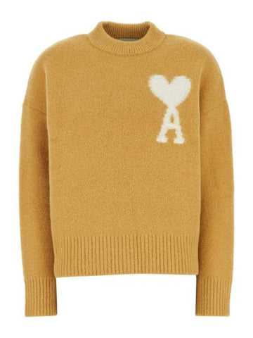 Intarsia Logo Crew Neck Knit Top Mustard - AMI - BALAAN 1