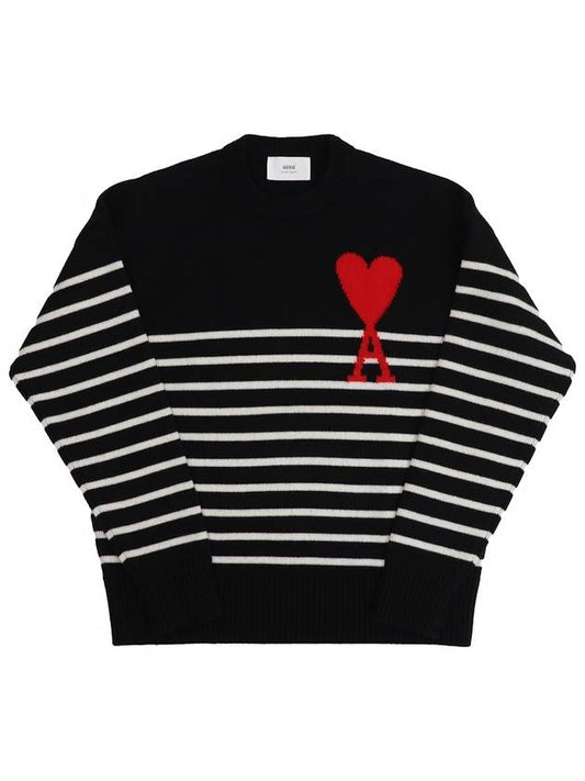 Big Heart Logo Striped Knit Top Black White - AMI - BALAAN 2