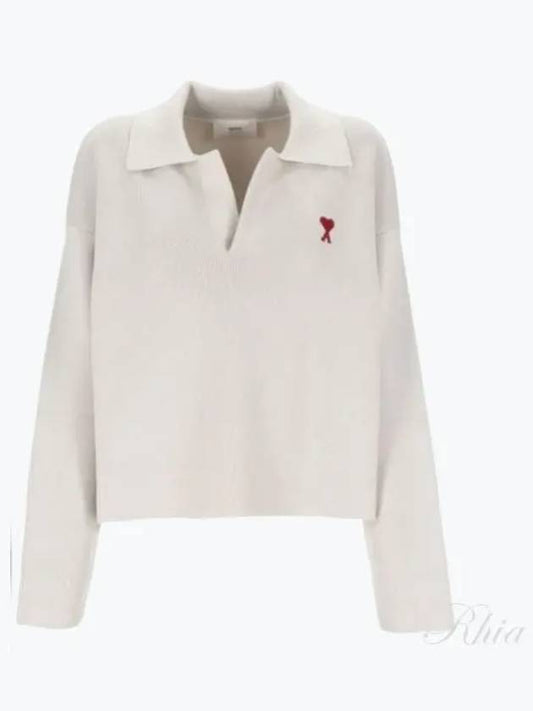 Small Heart Long Sleeve Polo Shirt White - AMI - BALAAN 2