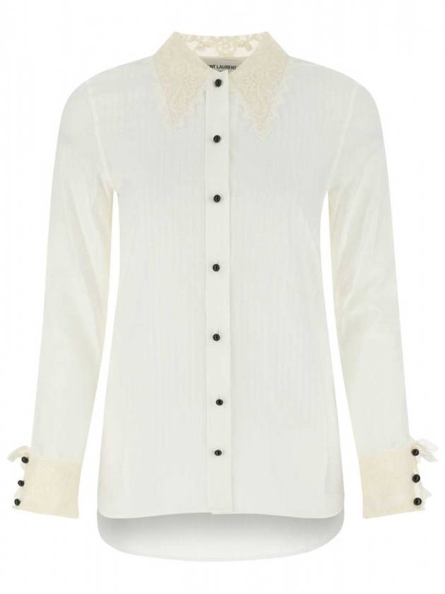 Women's Lace Trimmed Long Sleeve Shirt White - SAINT LAURENT - BALAAN 1