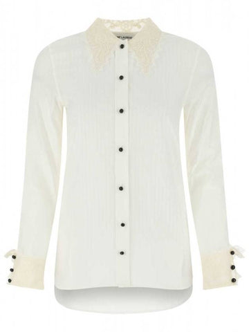 Women's Lace Trimmed Long Sleeve Shirt White - SAINT LAURENT - BALAAN 1