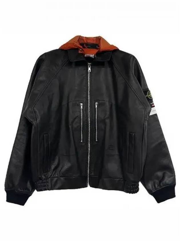 7925001S1 V0029 Stone Island Waffen Patch Full Grain Leather Hooded Zip up Jacket Black Men TSH 271716 - SUPREME - BALAAN 1