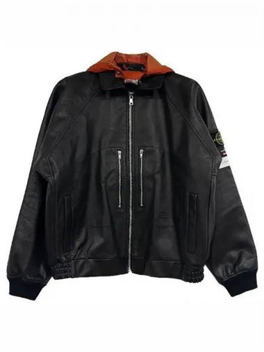 7925001S1 V0029 Stone Island Waffen Patch Full Grain Leather Hooded Zip up Jacket Black Men s TSH 270153 - SUPREME - BALAAN 1