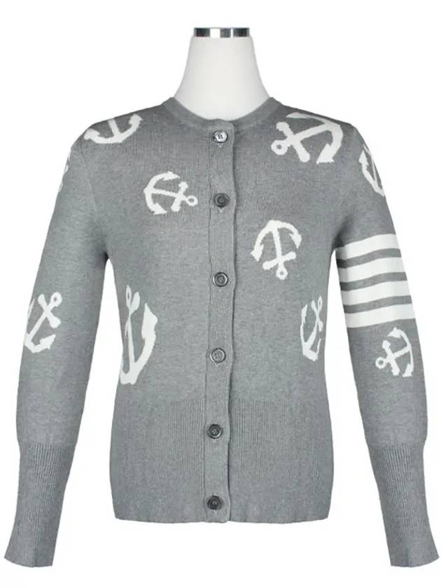 Cotton Anchor Intarsia 4-Bar Crewneck Cardigan Grey - THOM BROWNE - BALAAN 3