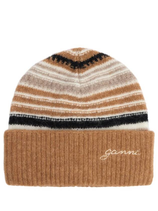 Logo Striped Wool Beanie Brown Women s - GANNI - BALAAN 4