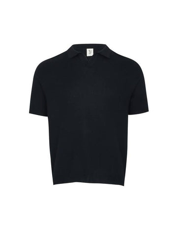 Men's Open Collar Short Sleeve Knit Top Dark Navy - SOLEW - BALAAN 1