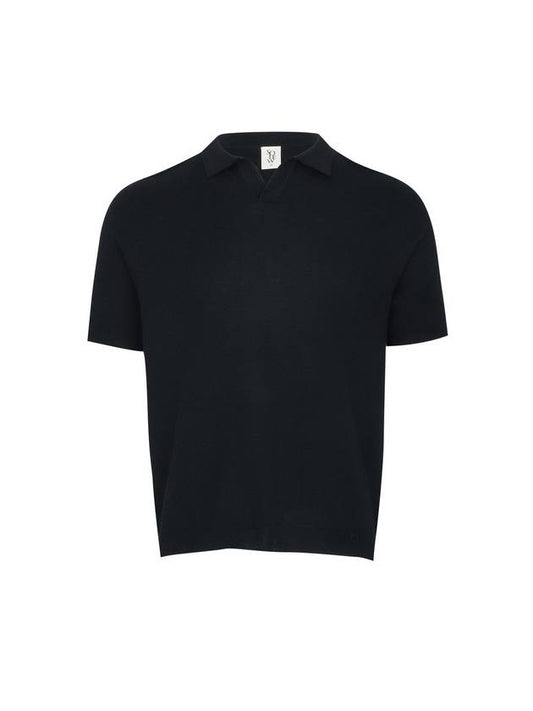 Men's Open Collar Short Sleeve Knit Top Dark Navy - SOLEW - BALAAN 2