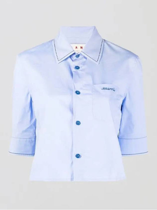 Embroidered Logo Pocket Cropped Short Sleeve Shirt Blue - MARNI - BALAAN.