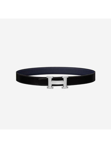 H Belt Buckle Reversible Leather Strap 32mm Silver Noir Blue Nuit - HERMES - BALAAN 1