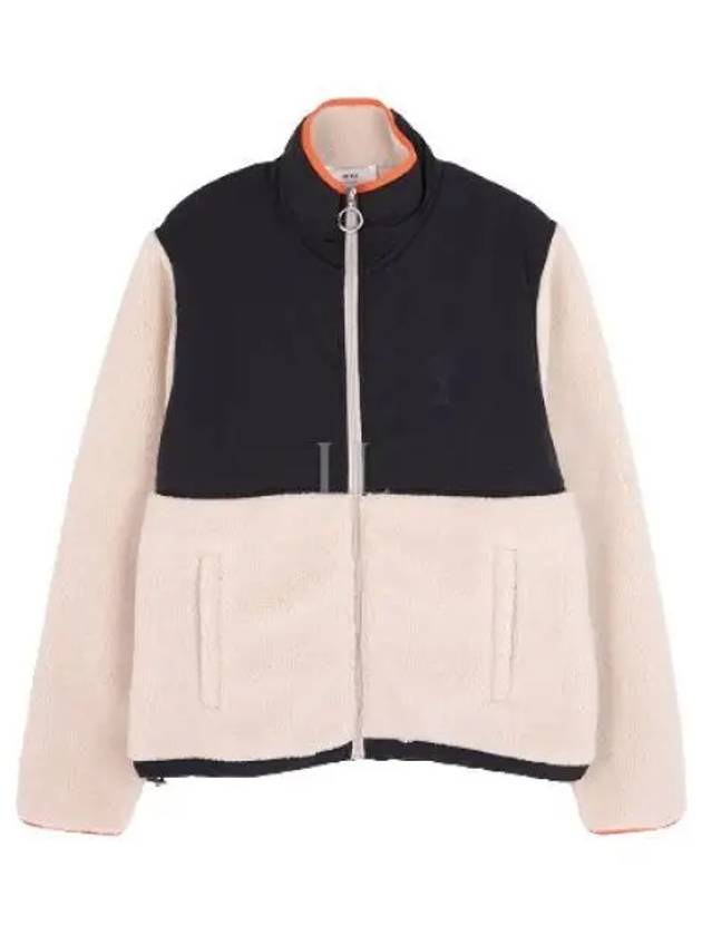 Logo Zip-up Shearling Jacket Beige - AMI - BALAAN 2