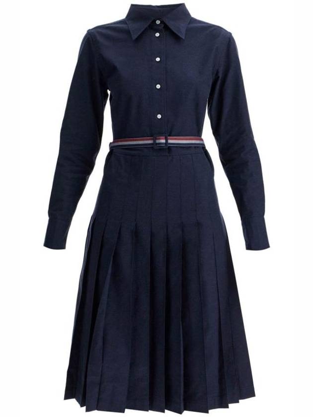 Stripe Flannel Pleated Bottom Belted Cotton Midi Dress Navy - THOM BROWNE - BALAAN 6