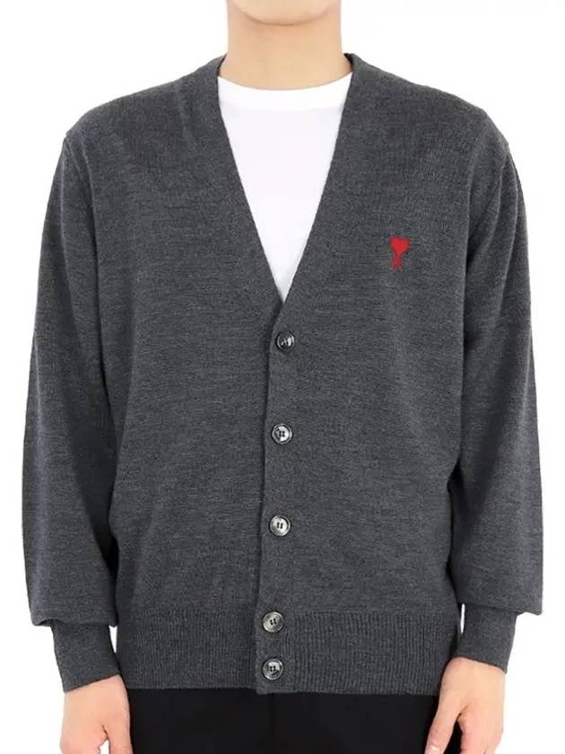 Red Heart Logo Merino Wool Cardigan Heather Grey - AMI - BALAAN 3