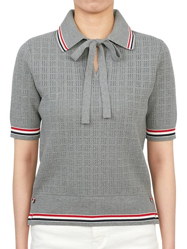 Grid Stitch Pointel Stripe Keyhole Short Sleeve Polo Shirt Grey - THOM BROWNE - BALAAN 4